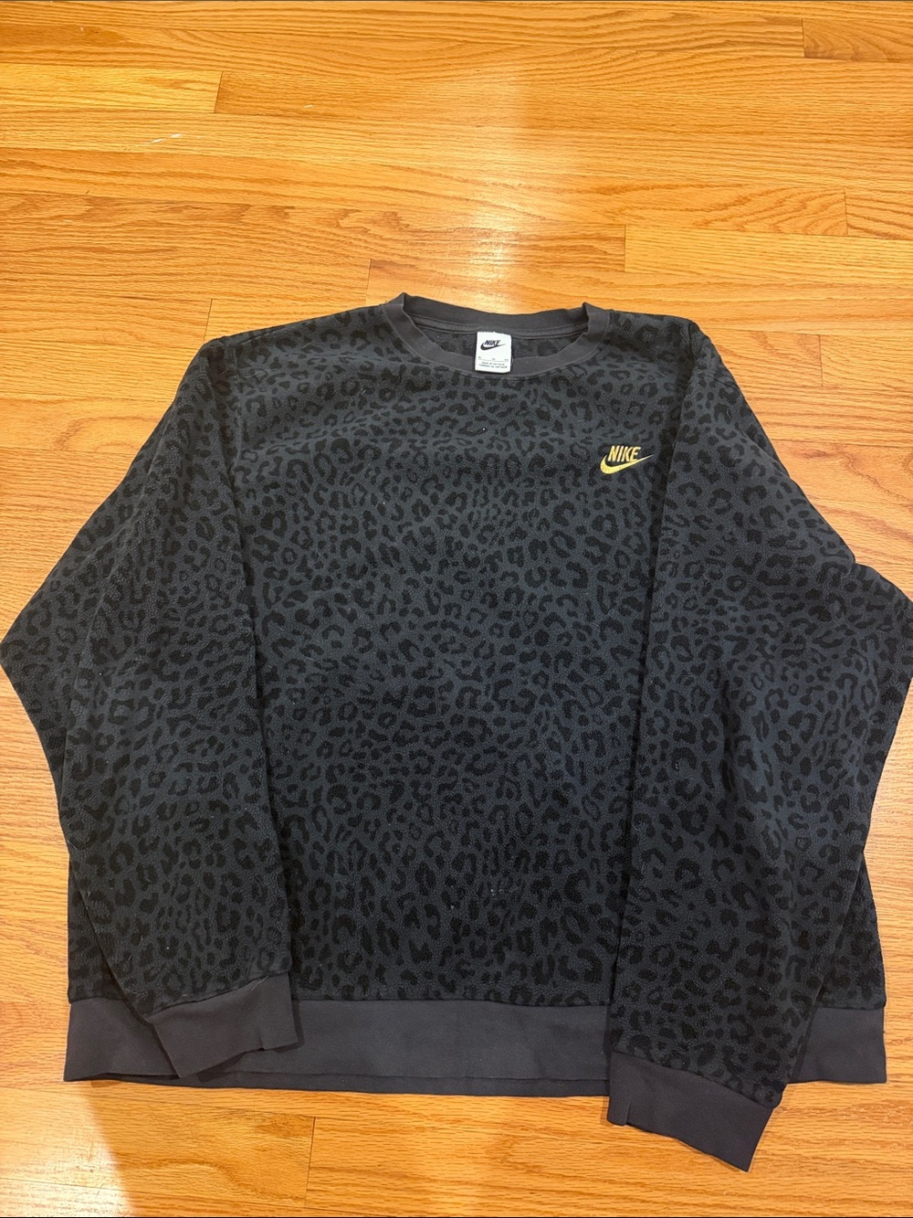 Nike Black Leopard-Pattern Crewneck Sweatshirt with Yellow Logo